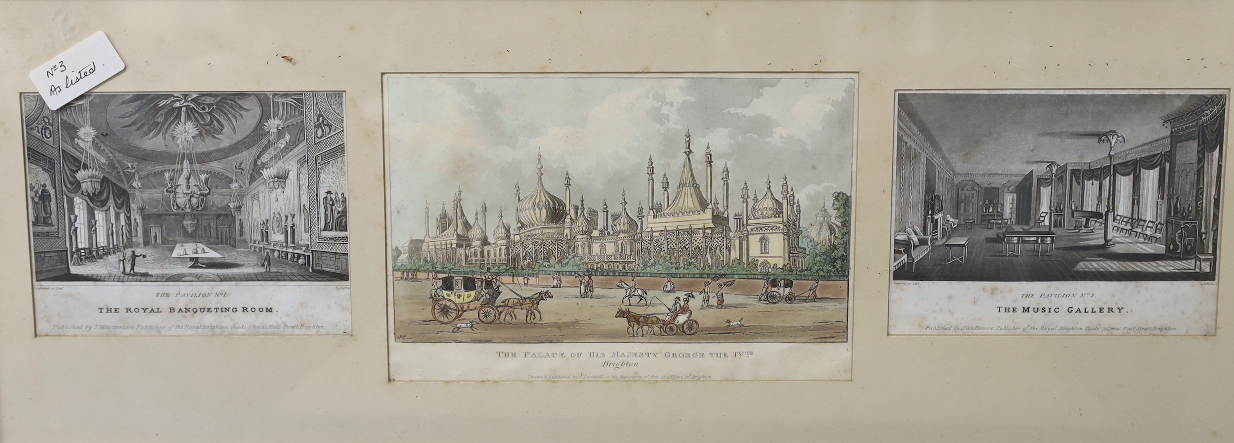 Watts after Jukes, coloured aquatint, A View of Brighthelmstone, 15 x 23cm and six other Brighton prints in four frames